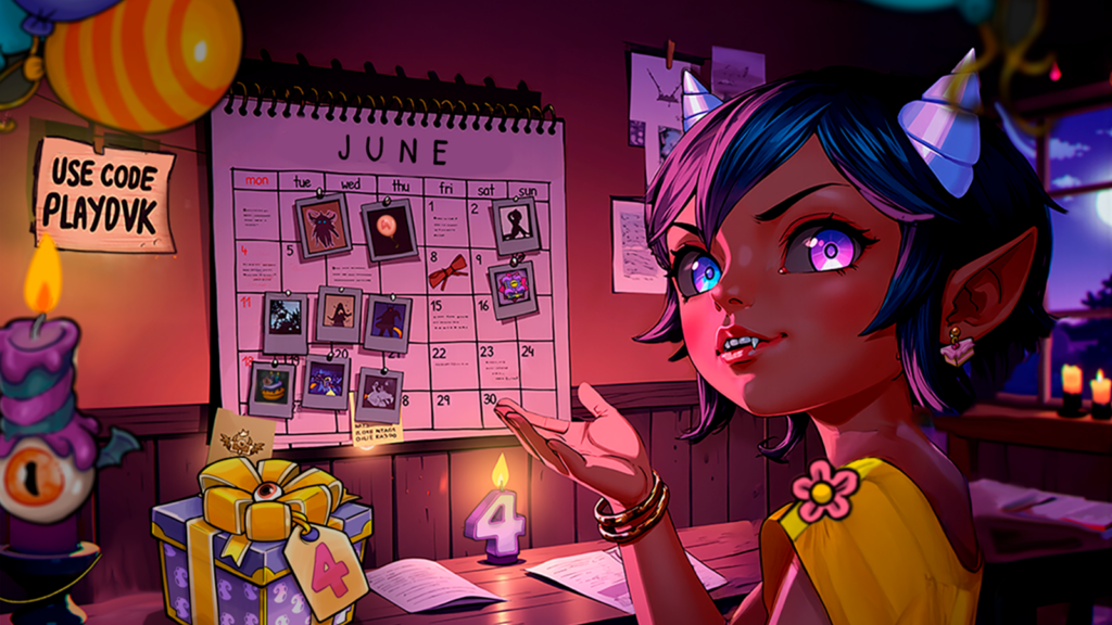 Devikins character in birthday scene with June event calendar and promo code PLAYDVK